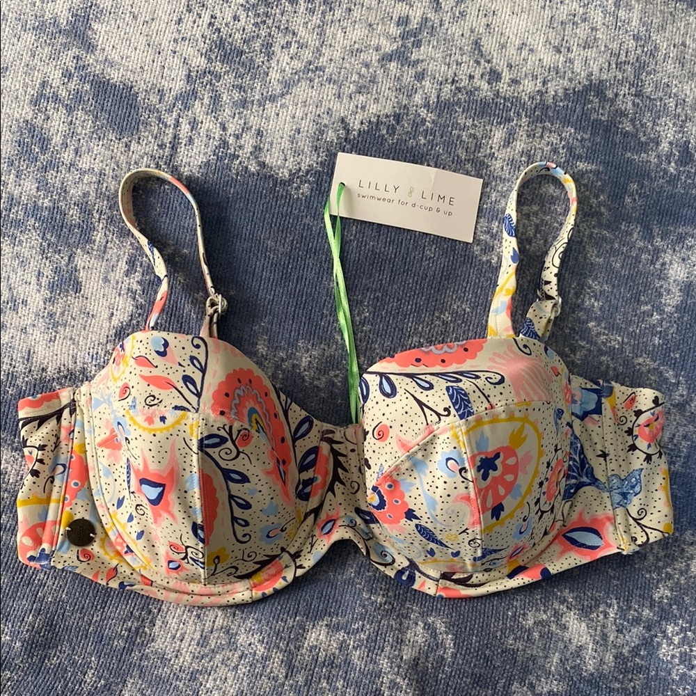 NWT Lilly & Lime Multicolored Swim Top Bra Size 38DD